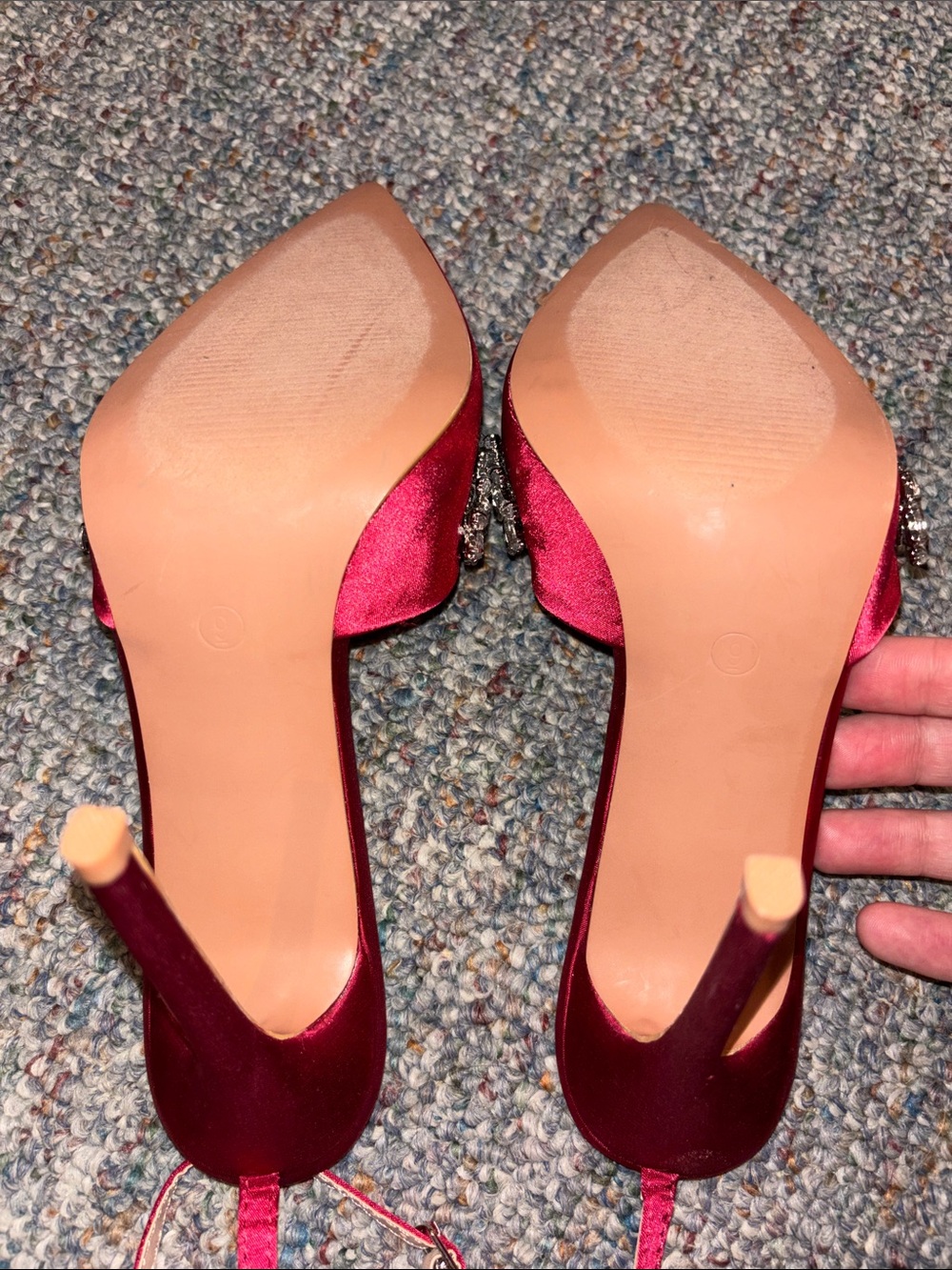 Lulu's Burgundy Satin Pointed-Toe Ankle-Strap Heels with Crystal Chain - Picture 2 of 4